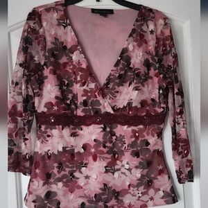 Floral V-Neck Top - Pink and Black